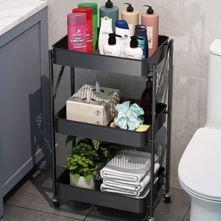 BAKAJI Πτυσσόμενο Μεταλλικό Τρόλεϊ Κουζίνας 3 Ραφιών με 4 Ρόδες Μαύ...