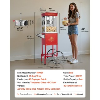 VEVOR Μηχανή Ποπκόρν με Καρότσι και Βραστήρα 800W 0.2kg Κόκκινη CSB...