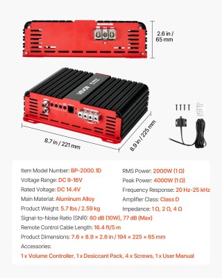 VEVOR Ενισχυτής Αυτοκινήτου Monoblock 2000W με Τηλεχειριστήριο Υπογ...