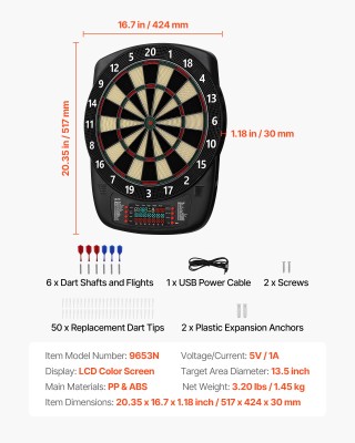 VEVOR Ηλεκτρονικός Στόχος Darts  336mm με 43 Παιχνίδια και 200+ Συν...