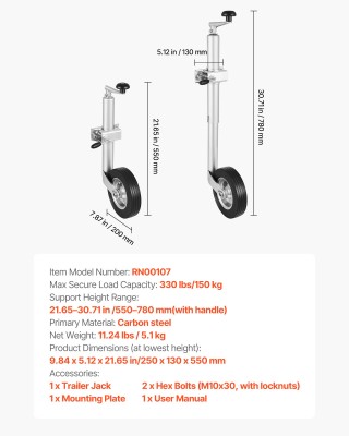VEVOR Βαρύ Τρέιλερ Τζακ με Τροχό, 150 kg Φορτίο, 230 mm Ύψος, Κατάλ...
