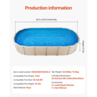 VEVOR Οβάλ Επένδυση Πισίνας 16,4x9,8 πόδια Στυλ Unibead για Ύψος Το...