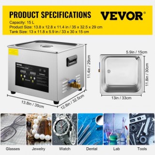 VEVOR 15L Ψηφιακός Υπερηχητικός Καθαριστής 600W 40KHz QXJ15LCSB-60... VEVOR 15L Ψηφιακός Υπερηχητικός Καθαριστής 600W 40KHz QXJ15LCSB-60...