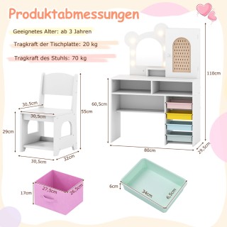 Costway Σετ Παιδικό Τραπέζι Καλλωπισμού με Φωτισμό & Καρέκλα Πριγκί...