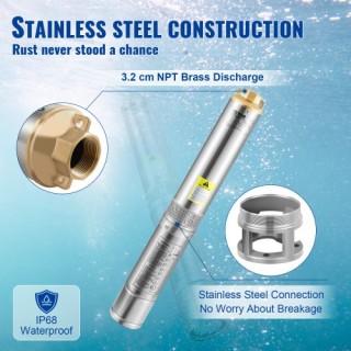 Υποβρύχια Αντλία VEVOR 750W, 230V, 105L/λεπτό, 62μ, 20μ Καλώδιο, Αυ...