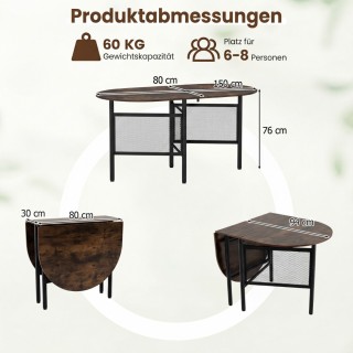 Costway Πτυσσόμενο οβάλ τραπέζι τραπεζαρίας για 6-8 άτομα, καφέ KC5...