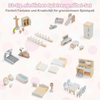 Costway Ξύλινο κουκλόσπιτο DIY για παιδιά με 33 έπιπλα, μπαλκόνι κα...