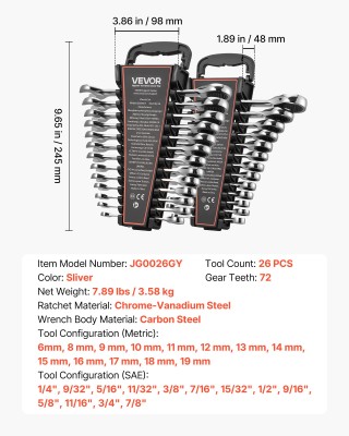 VEVOR Σετ Γαλλικών Κλειδιών 26 Τεμαχίων, SAE & Μέτρικο, 72 Δοντιών,...
