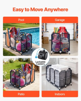 VEVOR Κινητό Καλάθι Αποθήκευσης Πισίνας με Πλαϊνές Τσέπες & Ρόδες, ...