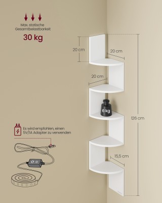 VASAGLE Ραφιέρα Γωνιακή Τοίχου με RGB LED Φωτισμό, 5 Επίπεδα, Λευκή...