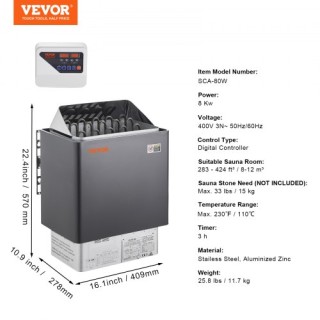 VEVOR  8KW Ηλεκτρική Σόμπα Σάουνας με Ψηφιακό Έλεγχο για 8-12 m3 Σπ...