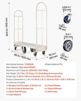 VEVOR Καρότσι U-Boat, 907.18 kg Φορτίο, Βιομηχανικό Χειροκίνητο Καρ...
