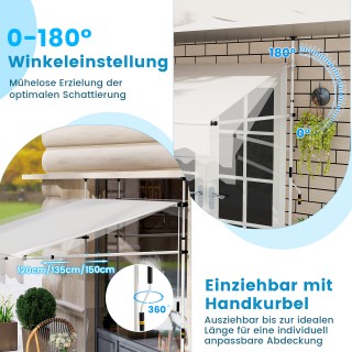 Costway  Χειροκίνητη Λευκή Βραχιονοτική Τέντα 200cm για Μπαλκόνι - ...