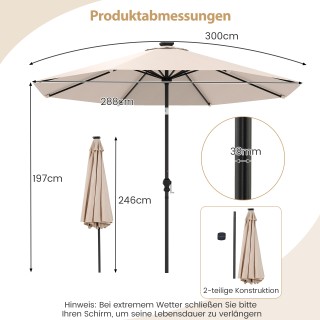 Costway Ομπρέλα Κήπου 300 cm με LED Ηλιακό Φωτισμό και 9 Λειτουργίε...