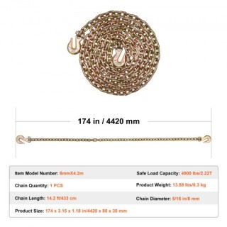 Αλυσίδα Δέσης VEVOR G80 με Γάντζους 5/16 x 14.2 4900 lbs ZGTLSGMGD... Αλυσίδα Δέσης VEVOR G80 με Γάντζους 5/16 x 14.2 4900 lbs ZGTLSGMGD...
