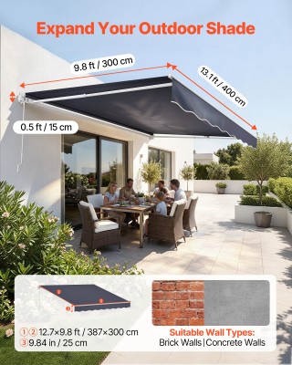 VEVOR Χειροκίνητη Αναδιπλούμενη Τέντα 400 x 300 cm, Πολυεστερική, Γ...