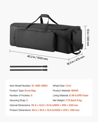 VEVOR Σάκος Μεταφοράς Με Ρόδες για Κρουστά, 1680D, Μαύρος GSNBNJB1J...