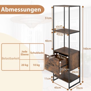 Costway Ψηλή Βιβλιοθήκη με Μεταλλικό Σκελετό και Συρτάρι για Επιπλέ...
