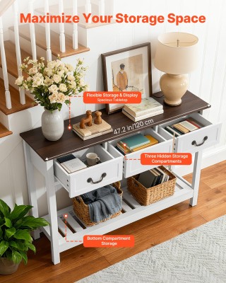 VEVOR Ξύλινη Κονσόλα  120 x 30 x 80 cm με Συρτάρια και Ράφι, Καφέ-Λ...