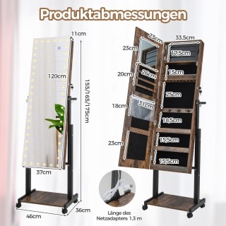 Costway  Πολυτελής Καθρέπτης Κοσμηματοθήκης με LED Φωτισμό και Ρυθμ...