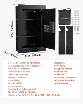 VEVOR Κρυφό Χρηματοκιβώτιο Τοίχου με Δακτυλικό Αποτύπωμα, Κωδικό & ...