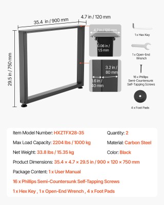 VEVOR Μεταλλικά Τετράγωνα Πόδια Τραπεζιού 750 x 900 mm, Σετ 2, Μαύρ...