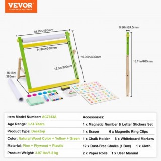 VEVOR 3-σε-1 Παιδικό Καβαλέτο Διπλής Όψης με Μαγνητικό Πίνακα και Π...