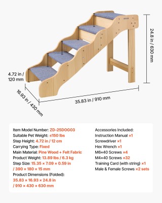 VEVOR Ξύλινη Σκάλα Κατοικίδιων, 5 Σκαλοπάτια για Ψηλά Κρεβάτια, Καν...