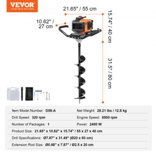 VEVOR  Τρυπάνι Γαιών Βενζίνης 63CC 2400W με 8 Δράπανο & 1 Προέκταση...