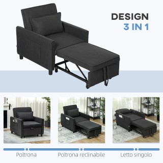 HOMCOM  Πολυθρόνα Κρεβάτι Ανακλινόμενη με Πλαϊνές Τσέπες, από Ύφασμ...