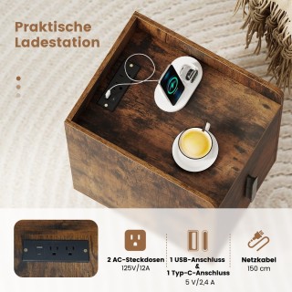 Costway Στενό Κομοδίνο με Σταθμό Φόρτισης, Δύο Συρτάρια και Μεταλλι...