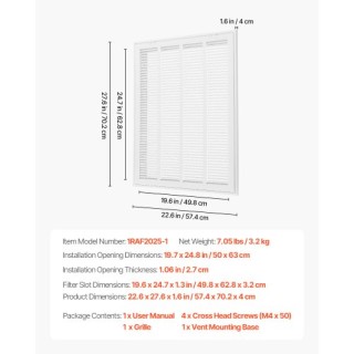 VEVOR Γρίλια Επιστροφής Αέρα για Άνοιγμα Αγωγού 20x25 Ίντσες HFGLGZ...
