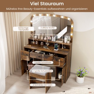 Costway Τουαλέτα Μακιγιάζ με Σκαμπό & LED Καθρέφτης 3 Χρωμάτων & Στ...