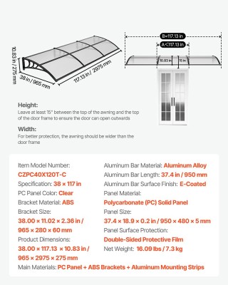 VEVOR Στέγαστρο Εισόδου 38x117 εκ., Προστασία από Βροχή, Χιόνι & Ήλ...