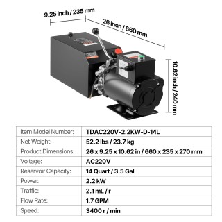 VEVOR Μονάδα Υδραυλικής Ισχύος 14L, Αντλία για Μονής Ενέργειας Δρομ...