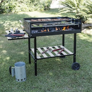 Galileo Ορθογώνια ψησταριά από ανθρακοχάλυβα με ρόδες, ξύλινα ράφια...