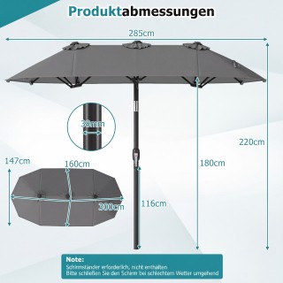 Costway Διπλή Ομπρέλα Ηλίου 300 x 160 cm, Ορθογώνια, με Μανιβέλα, 1...