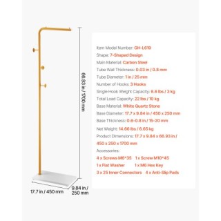 VEVOR Επιδαπέδια Κρεμάστρα 45 x 25x 170 cm με Βάση από Χαλαζία & 3 ...