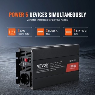 VEVOR Καθαρός Ημιτονοειδής Μετατροπέας 1000W DC12V σε AC230V με Τηλ... VEVOR Καθαρός Ημιτονοειδής Μετατροπέας 1000W DC12V σε AC230V με Τηλ...