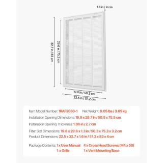VEVOR Γρίλια Φίλτρου Αέρα για Άνοιγμα Αγωγού 20x30 Ίντσες HFGLGZW20...