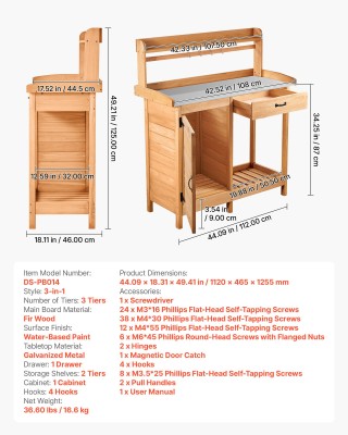 VEVOR Ξύλινος Πάγκος Κηπουρικής με Μεταλλική Επιφάνεια Εργασίας και...