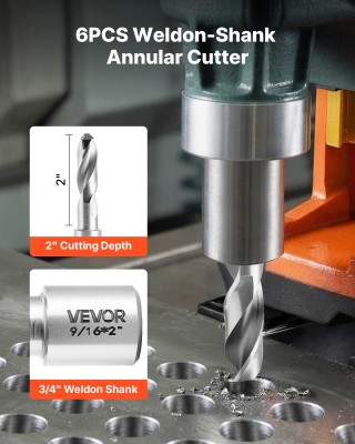 VEVOR Σετ Ποτηροτρύπανα Μαγνητικού Δραπάνου HSS 6 Τεμ. Weldon, Βάθο...