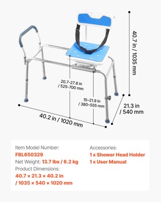VEVOR Συρόμενη καρέκλα μπανιέρας έως 180 kg, κάθισμα μεταφοράς με π...