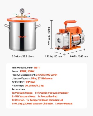 VEVOR Κιτ Κενού Θάλαμου 18,93 L με Αντλία, Ισχύος 3,5 CFM (99 L/min...