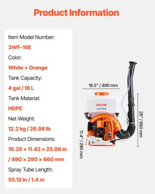 VEVOR Ψεκαστήρας Πλάτης 63CC 3HP, Χωρητικότητα 16L, Για Υγρά και Σκ... VEVOR Ψεκαστήρας Πλάτης 63CC 3HP, Χωρητικότητα 16L, Για Υγρά και Σκ...