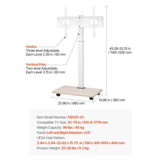 VEVOR Κινητό Τρόλεϊ Τηλεόρασης για Οθόνες 32-70 ιντσών έως 45 κιλά ...