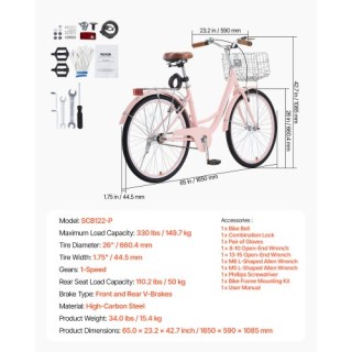 VEVOR 26-Ιντσών Ροζ Ποδήλατο Cruiser 1-Ταχύτητας με Καλάθι GK26INCH...