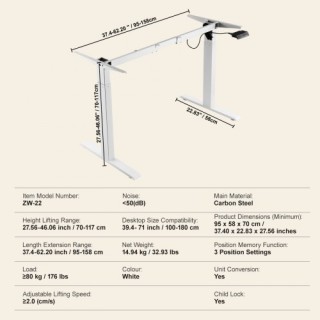 Ηλεκτρικός Ρυθμιζόμενος Σκελετός Γραφείου VEVOR 70-117 cm Λευκός  S...