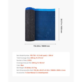 VEVOR Μπλε Υπόστρωμα Δαπέδου Ανακυκλωμένων Ινών 3mm 37.2m² DMCDLM30...