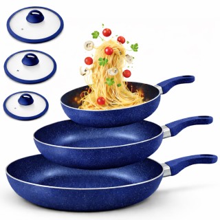 BAKAJI Σετ 6 Τεμαχίων Μπλε Αλουμινένια Τηγάνια με Καπάκι για Όλες τ...